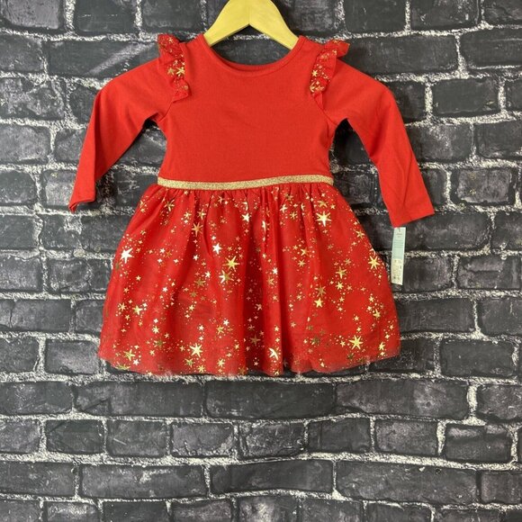 Cat & Jack Girl 2T Holiday theme Red and Gold Star Long Sleeve Dress - Picture 1 of 10